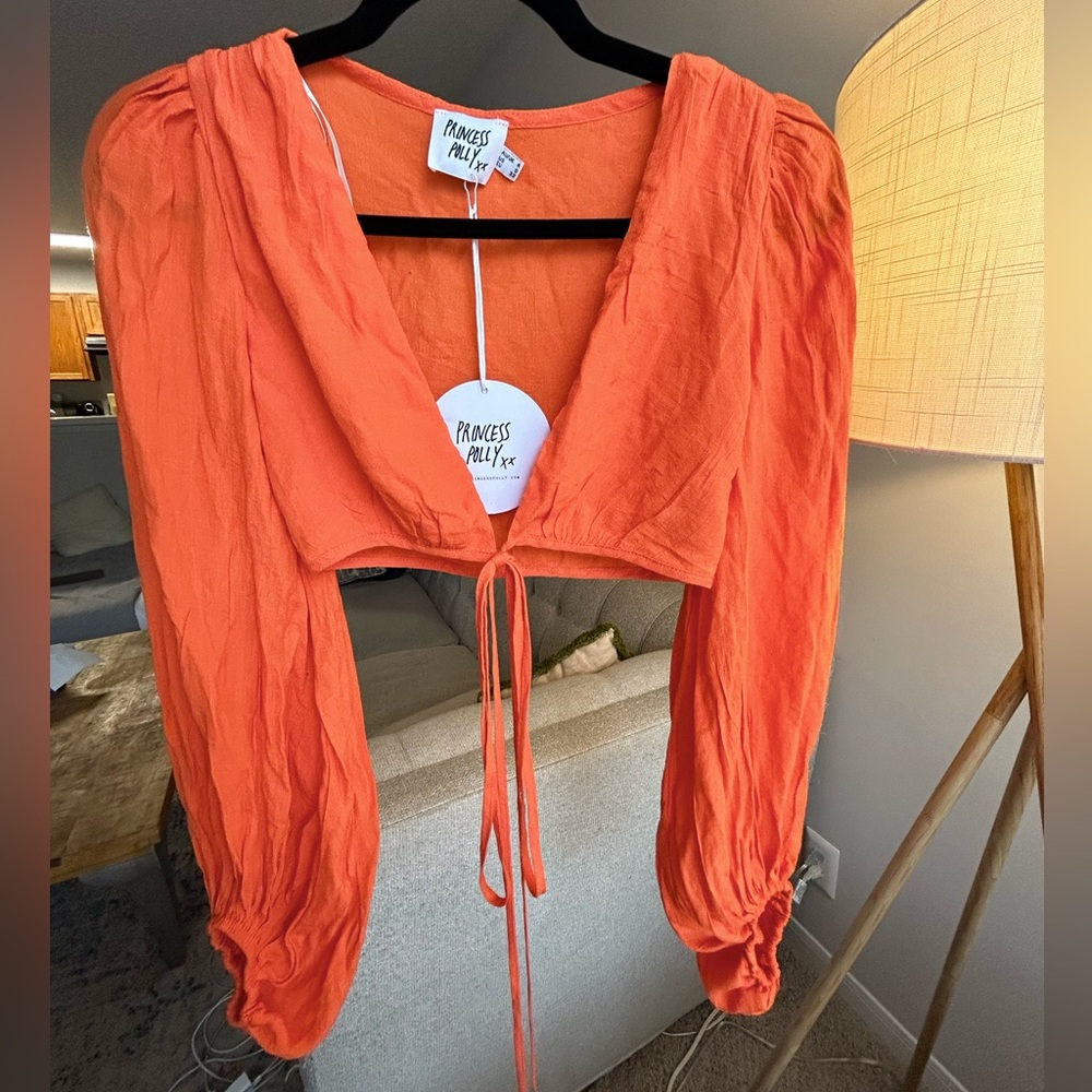 NWT Princess Polly Orange Long Sleeve Tie Crop Top
